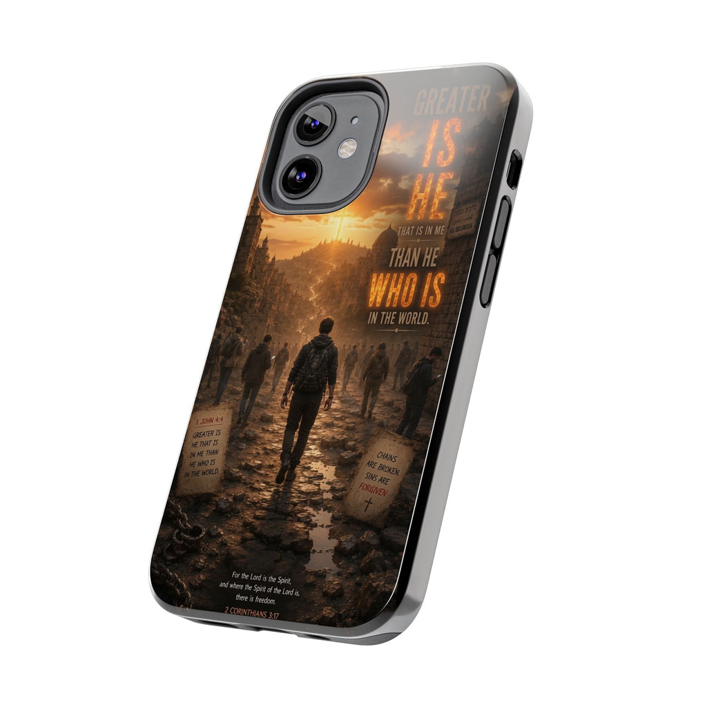 Greater Is He | 1 John 4:4 Christian Phone Case – Scripture Art Tough Case