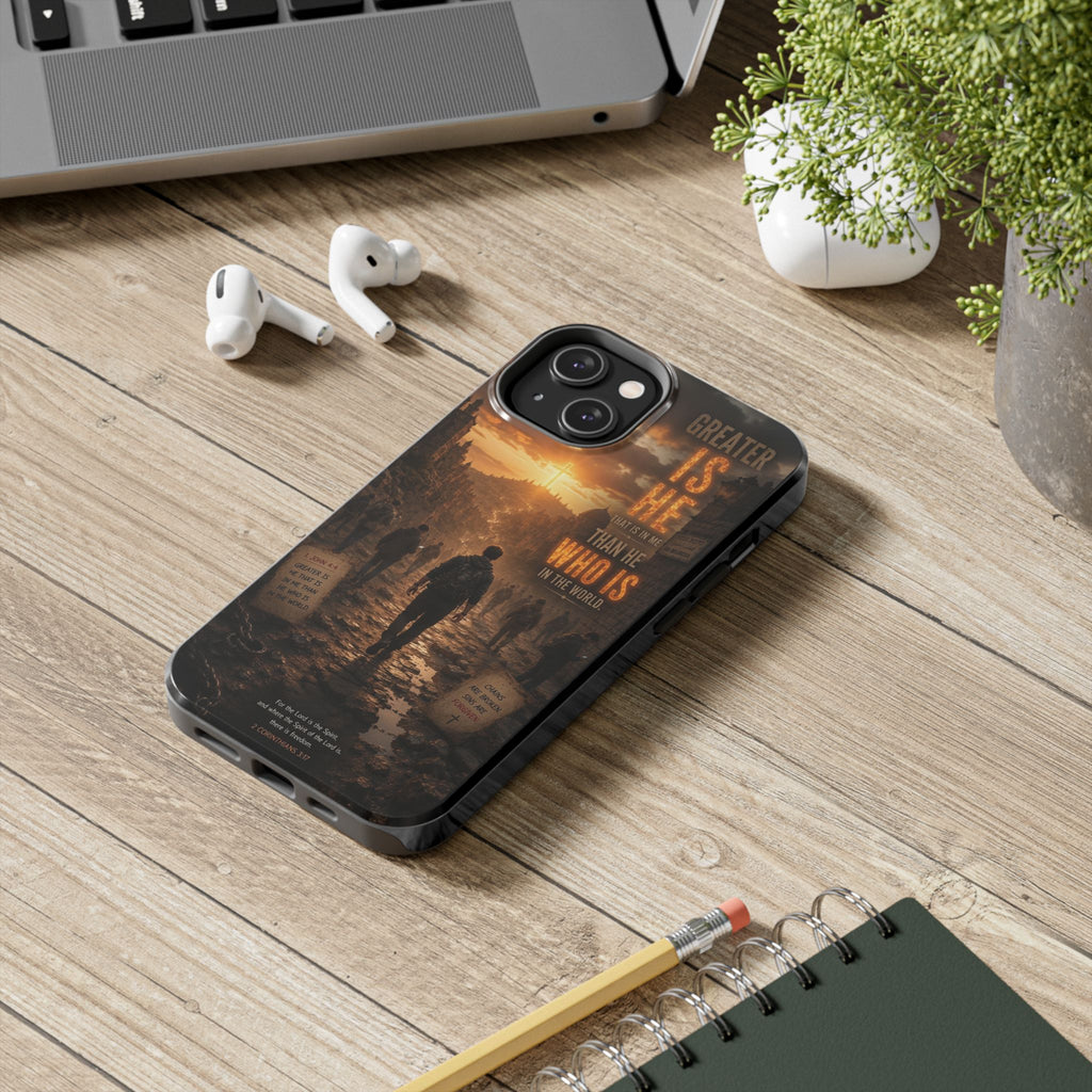 Greater Is He | 1 John 4:4 Christian Phone Case – Scripture Art Tough Case