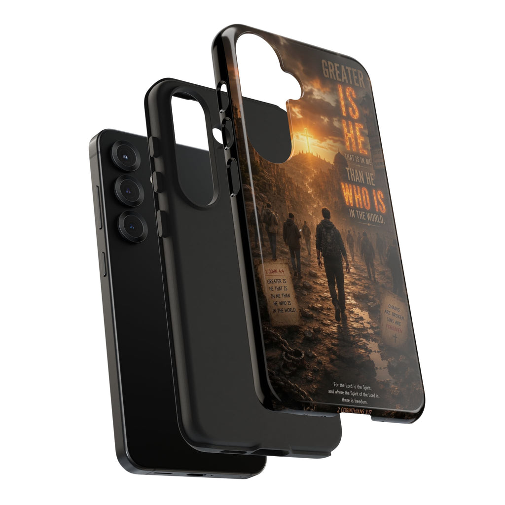Greater Is He | 1 John 4:4 Christian Phone Case – Scripture Art Tough Case