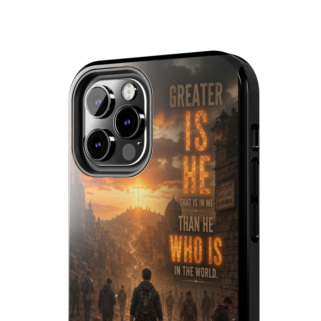 Greater Is He | 1 John 4:4 Christian Phone Case – Scripture Art Tough Case