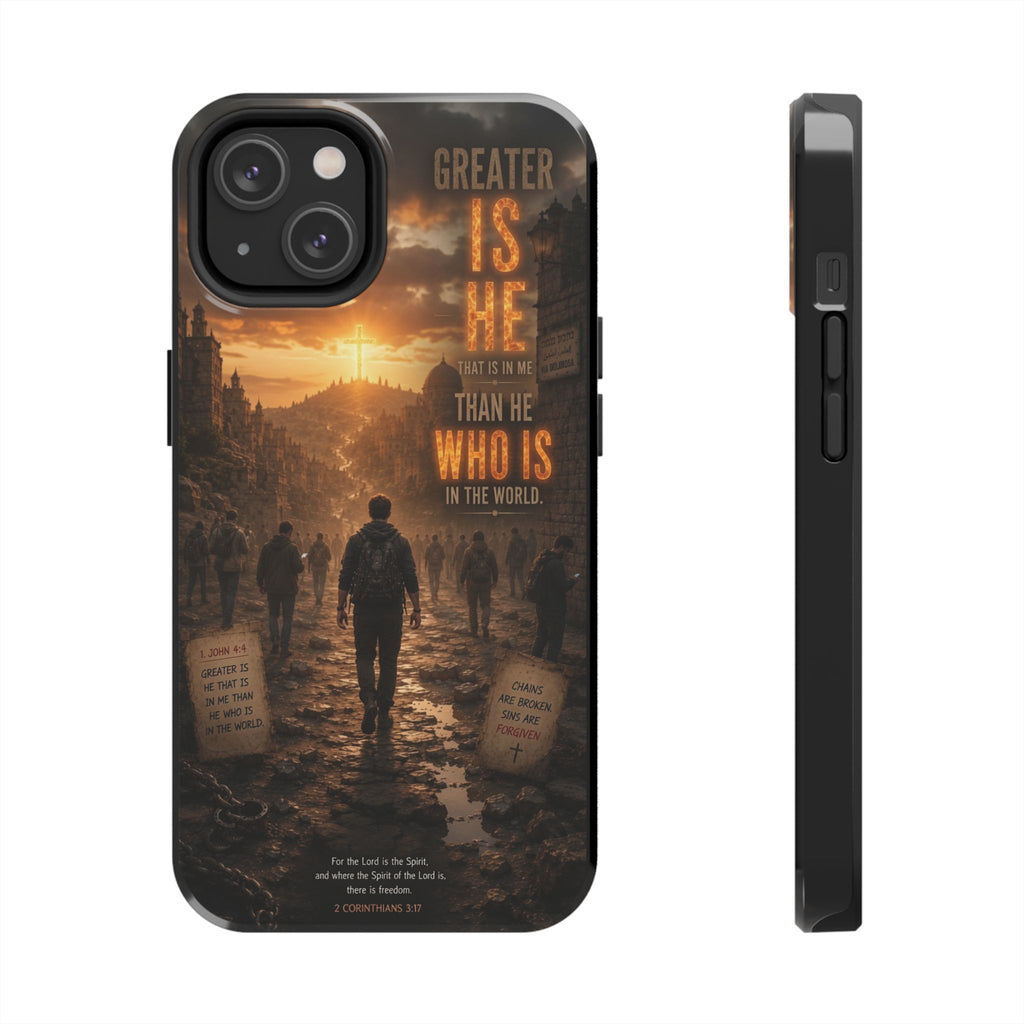 Greater Is He | 1 John 4:4 Christian Phone Case – Scripture Art Tough Case