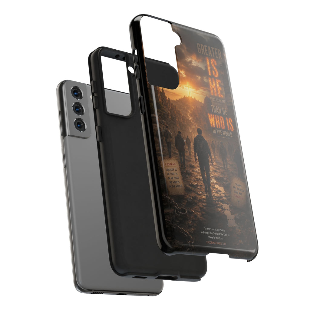 Greater Is He | 1 John 4:4 Christian Phone Case – Scripture Art Tough Case
