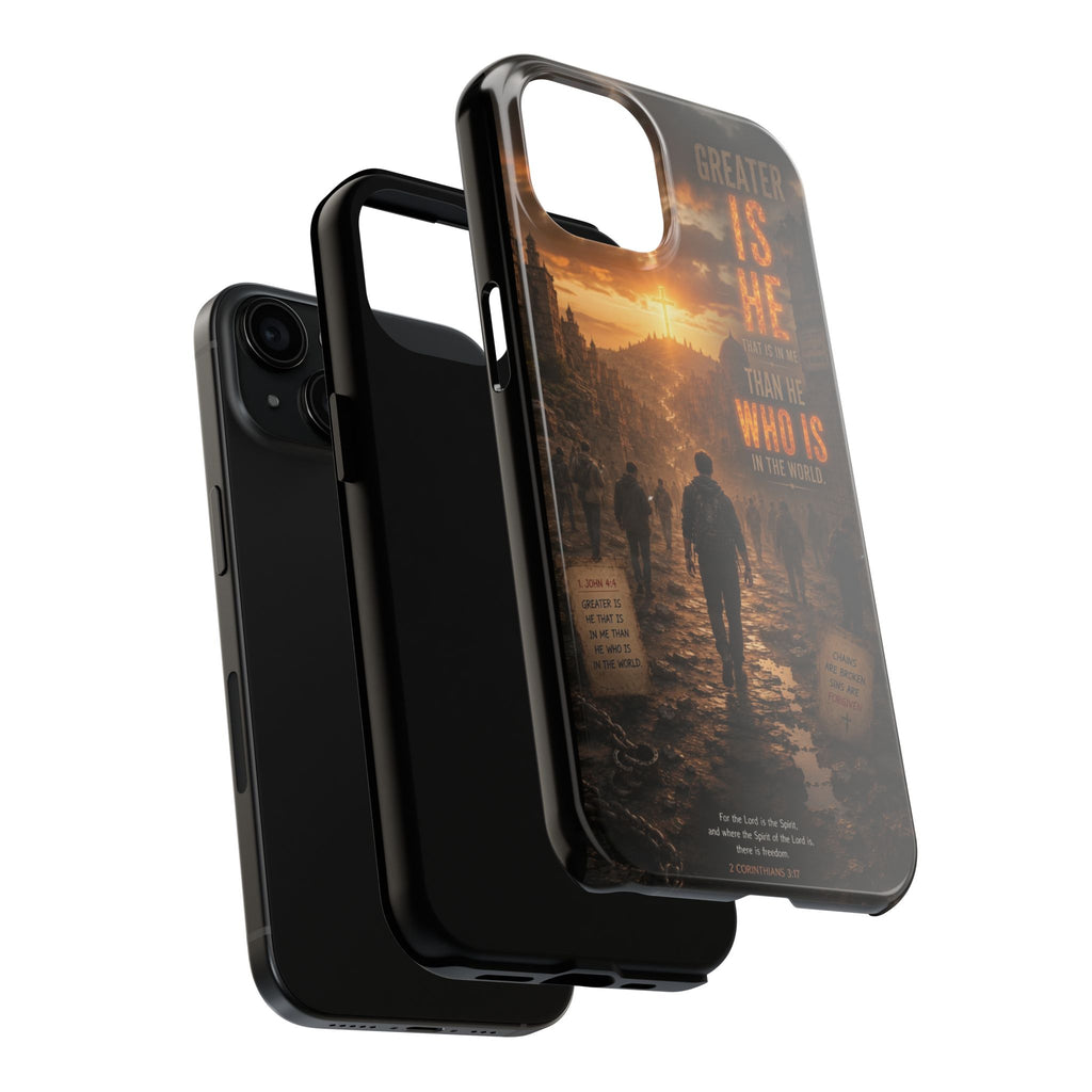 Greater Is He | 1 John 4:4 Christian Phone Case – Scripture Art Tough Case