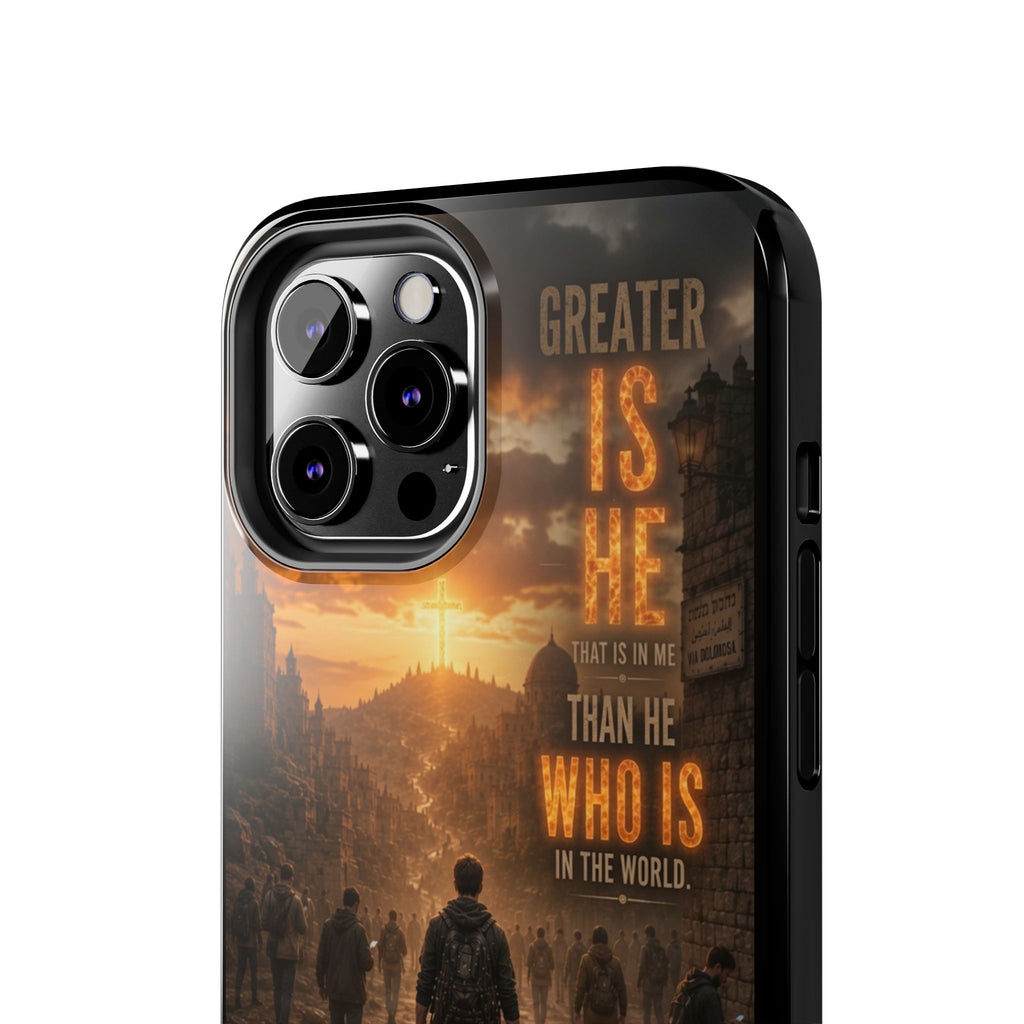Greater Is He | 1 John 4:4 Christian Phone Case – Scripture Art Tough Case