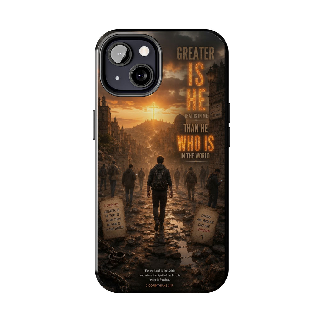 Greater Is He | 1 John 4:4 Christian Phone Case – Scripture Art Tough Case