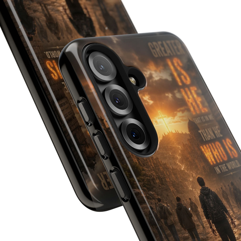 Greater Is He | 1 John 4:4 Christian Phone Case – Scripture Art Tough Case