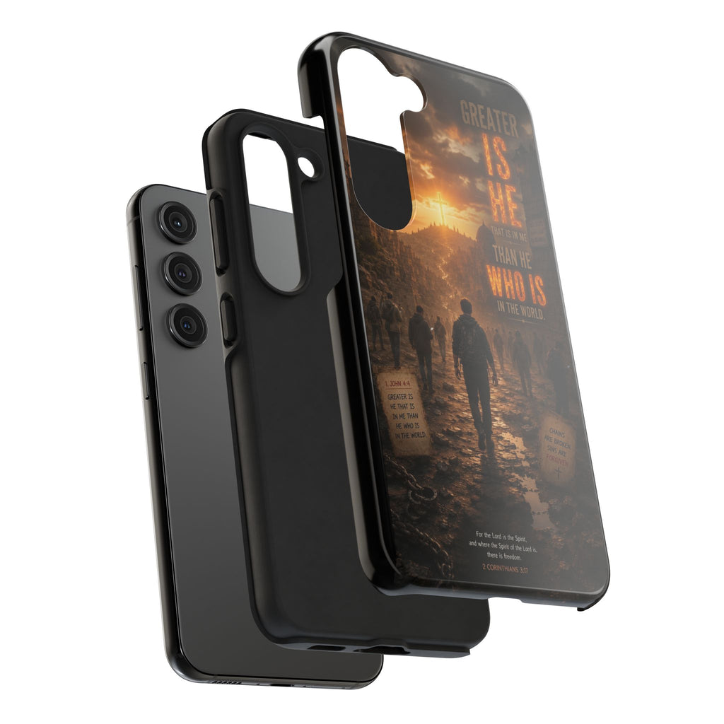 Greater Is He | 1 John 4:4 Christian Phone Case – Scripture Art Tough Case