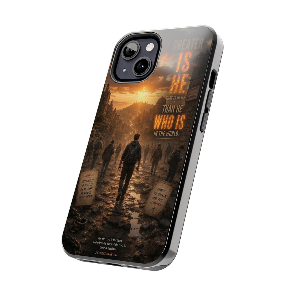 Greater Is He | 1 John 4:4 Christian Phone Case – Scripture Art Tough Case