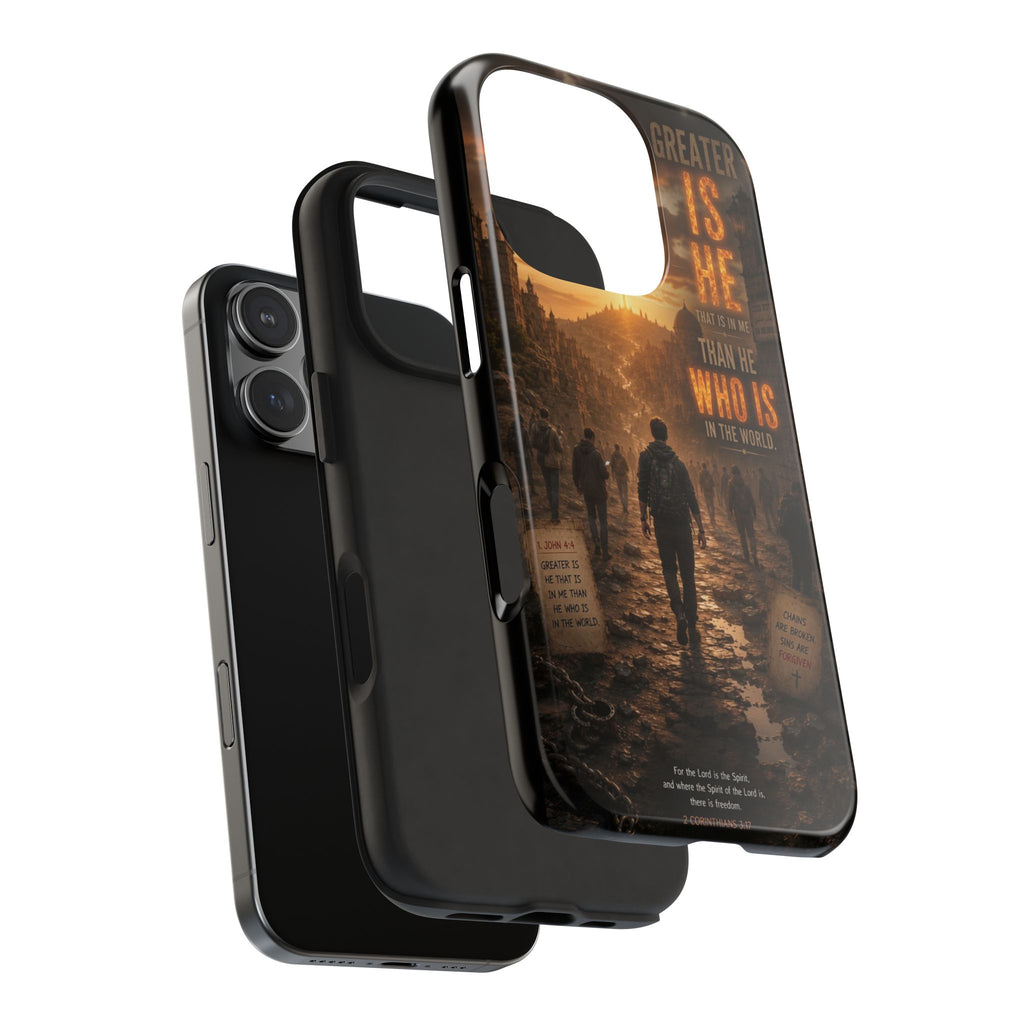 Greater Is He | 1 John 4:4 Christian Phone Case – Scripture Art Tough Case
