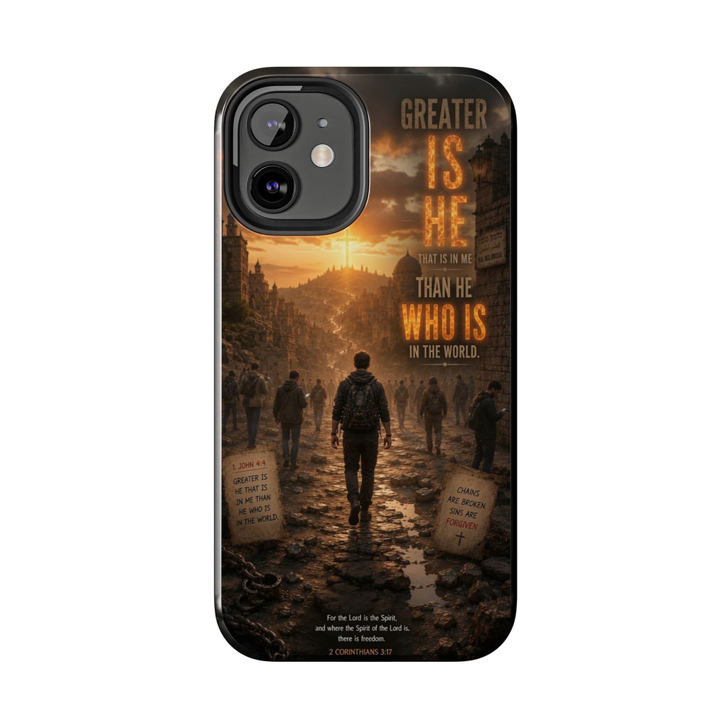 Greater Is He | 1 John 4:4 Christian Phone Case – Scripture Art Tough Case